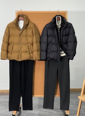 老钱风男款秋冬防风防水面料双门襟双层领假两件立领羽绒服外套