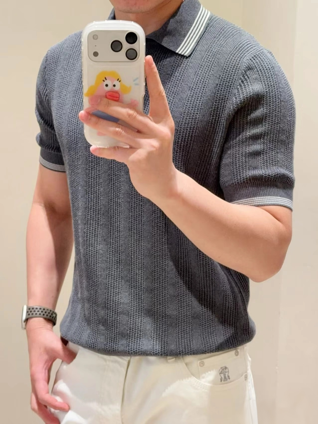 意式BC老钱风男装夏季高定棉纱休闲百搭简约定织小坑条翻领Polo衫