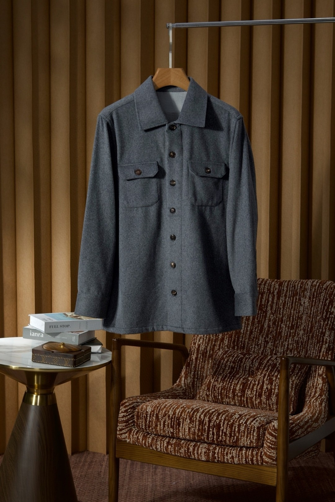 老钱风男装秋冬新款商务休闲翻领羊毛衫男保暖长袖衬衫夹克外套