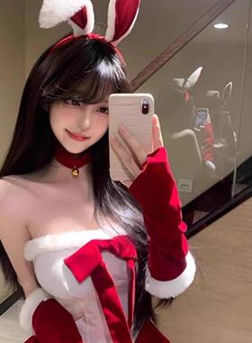 圣诞节cos服装性感新年战袍红色纯欲风辣妹抹胸秋冬蝴蝶结连衣裙