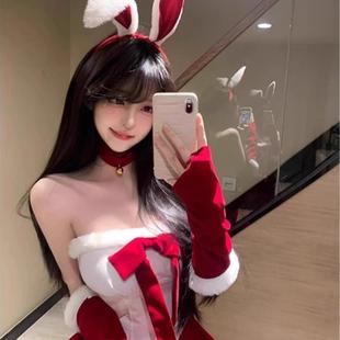 圣诞节cos服装 性感新年战袍红色纯欲风辣妹抹胸秋冬蝴蝶结连衣裙