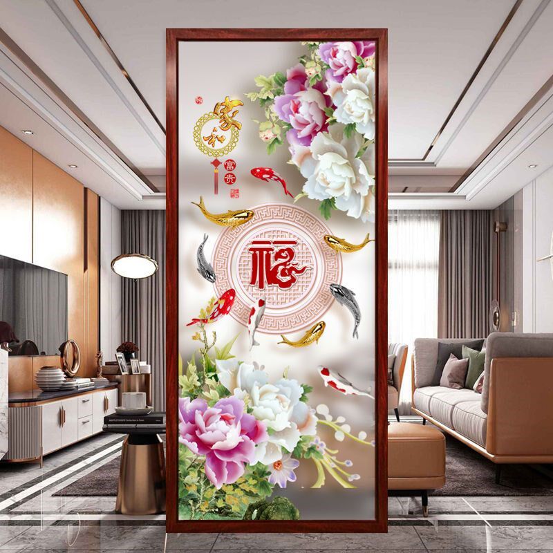 定制艺术玻璃屏风隔断客厅双面磨砂雕刻透光彩绘钢化牡丹富贵图