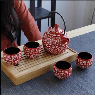 Chinese red ceramic wedding tea set suit creative wedding