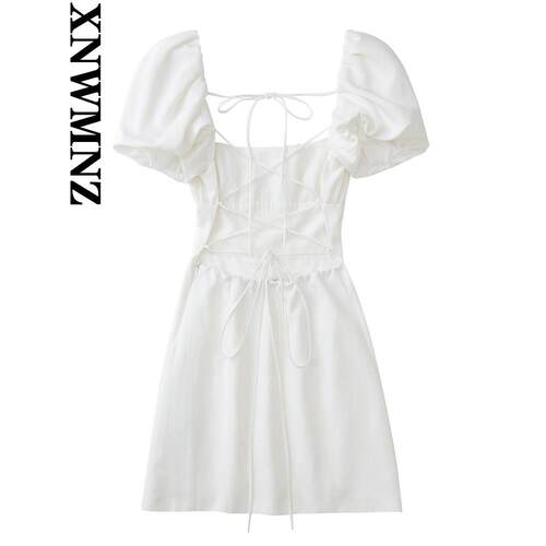 XNWMNZ women white fashion linen blend dress female square n