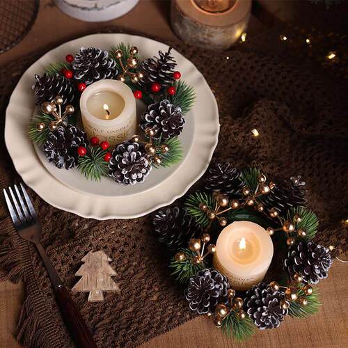 Faux Pine/Cherry Candle Wreath: Xmas Tabletop Decor