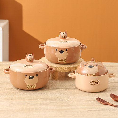 双耳陶瓷螺狮粉泡面碗专用带盖宿舍用碗高颜值熊憨憨餐具2023新款