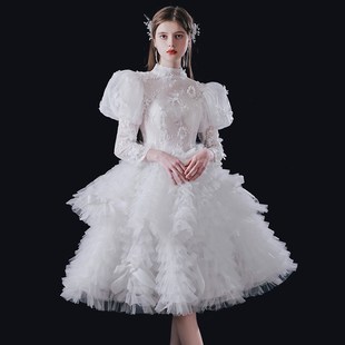 法式迎宾领证轻婚纱2024新款简约出门纱小个子蓬蓬公主裙晚礼服白