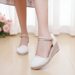 坡跟凉鞋法式编织百搭包头女鞋蕾丝2025春夏新款高根渔夫女鞋布鞋