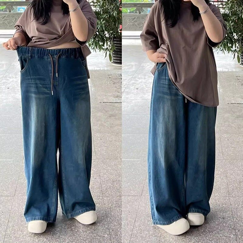 大码胖mm美式复古直筒牛仔裤女梨型身材松紧腰系带宽松遮肉阔腿裤,女装/女士精品,大码裤装,淘宝优惠券,粉丝福利购,淘宝优惠卷