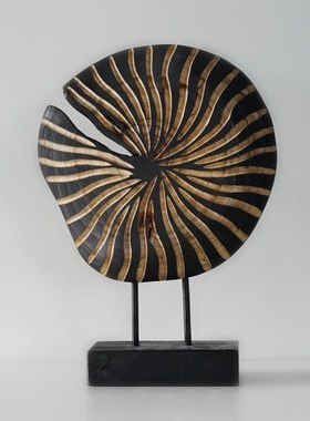 侘寂风木质圆形装饰摆件玄关客厅家居复古民宿中式金属底座摆设