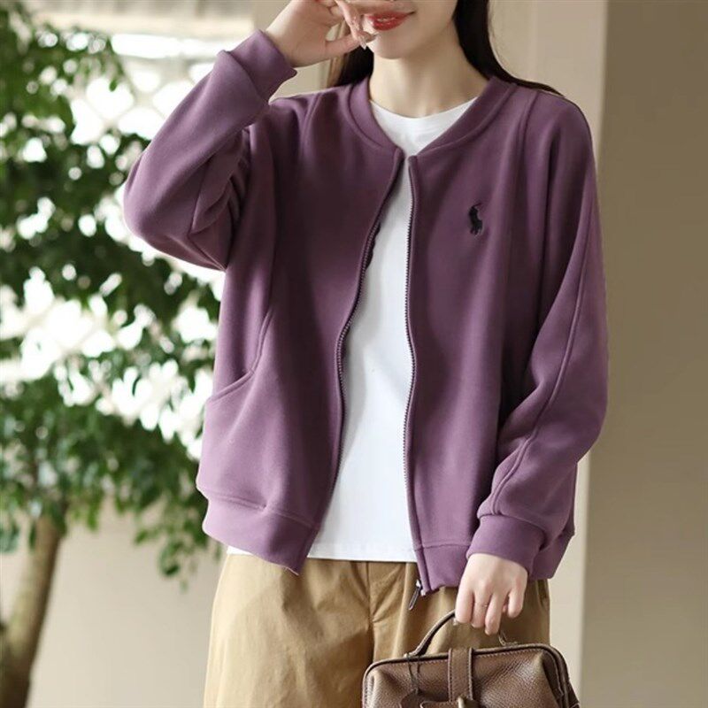 刺绣微弹绒面纯色棒球服短外套女2024春秋季新款时尚休闲夹克衫