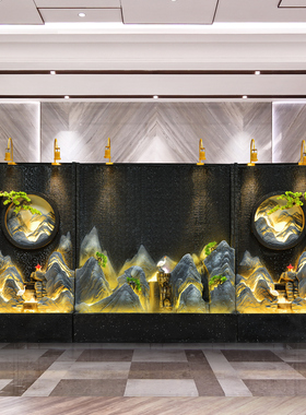 天越假山流水喷泉水幕墙流水墙酒店大厅办公室玄关风水轮招财摆件