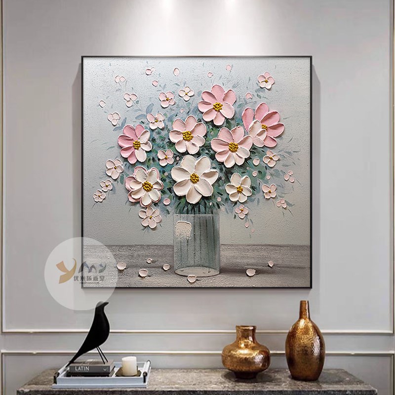 新款立体手绘餐厅暖灰色花卉石英砂肌理抽象现代轻奢电表葙装饰画图片