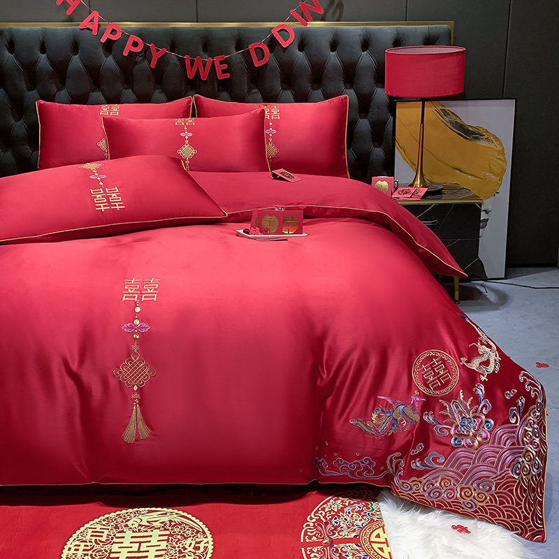 婚庆四件套大红色全棉刺绣婚礼婚房结婚喜庆被套新婚龙凤床上用品