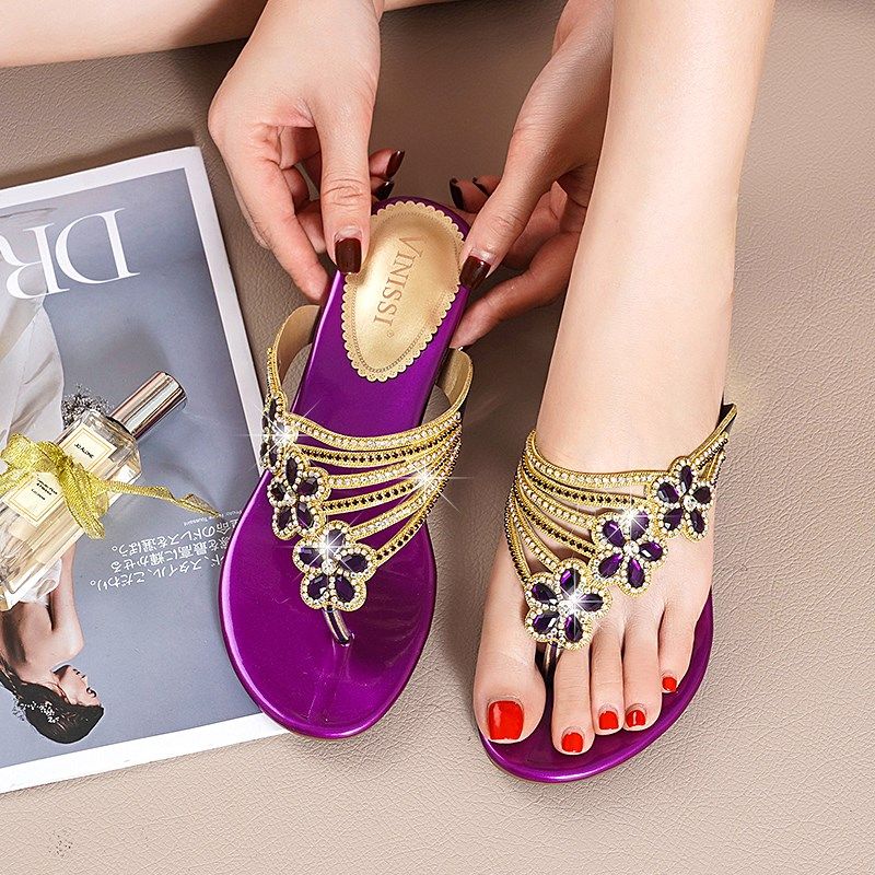 夹趾拖鞋女外穿人字拖女真皮沙滩平底2021新款夏季水钻花朵凉拖鞋,女鞋,人字拖,淘宝优惠券,粉丝福利购,淘宝优惠卷
