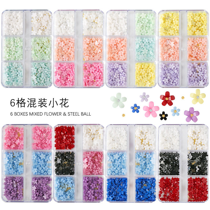 6格美甲饰品树脂混装小花珍珠钢珠马卡龙糖果色花朵立体指甲饰品