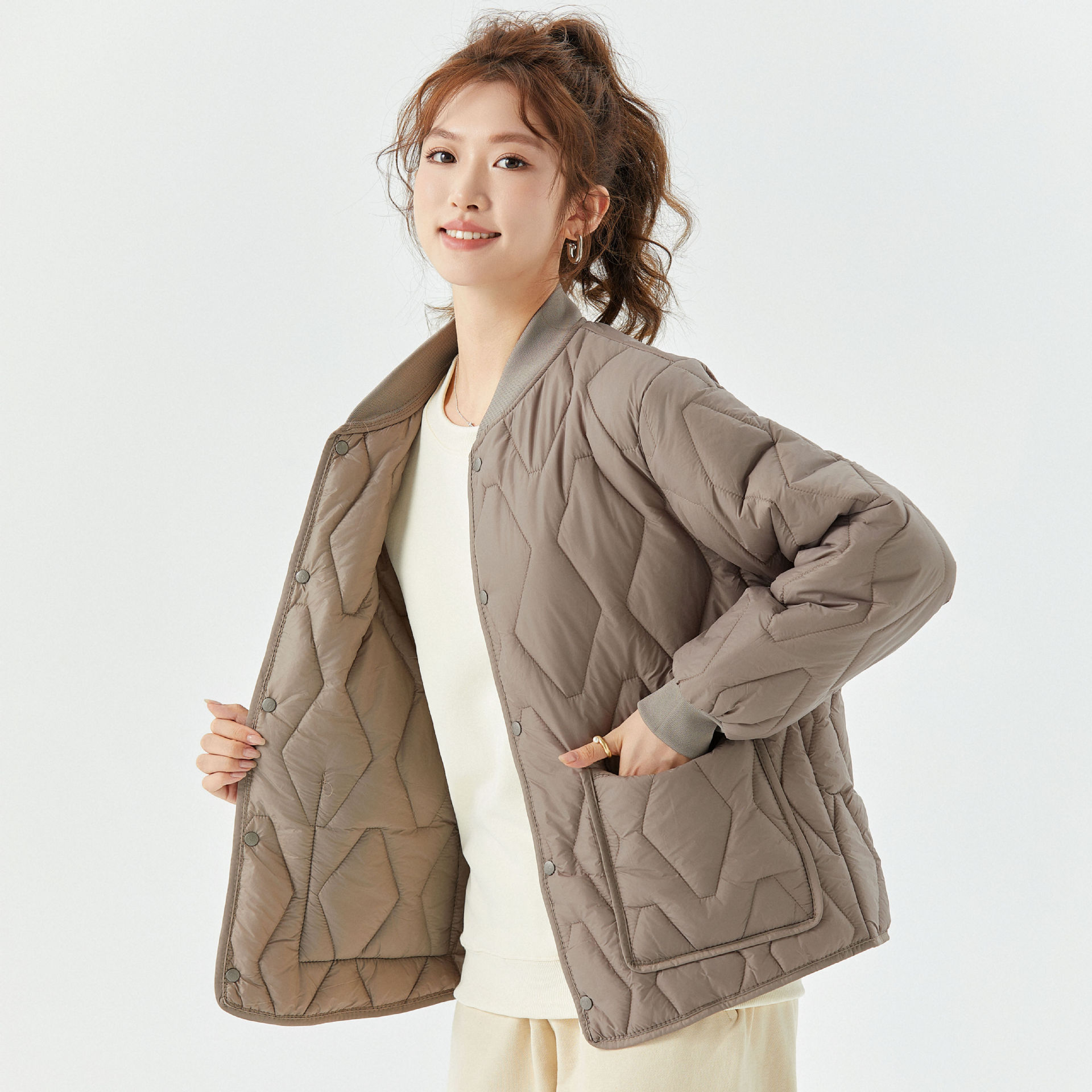 女士保暖长袖棉内胆女款家居棉衣棉服加绒螺纹领可外穿上衣2533