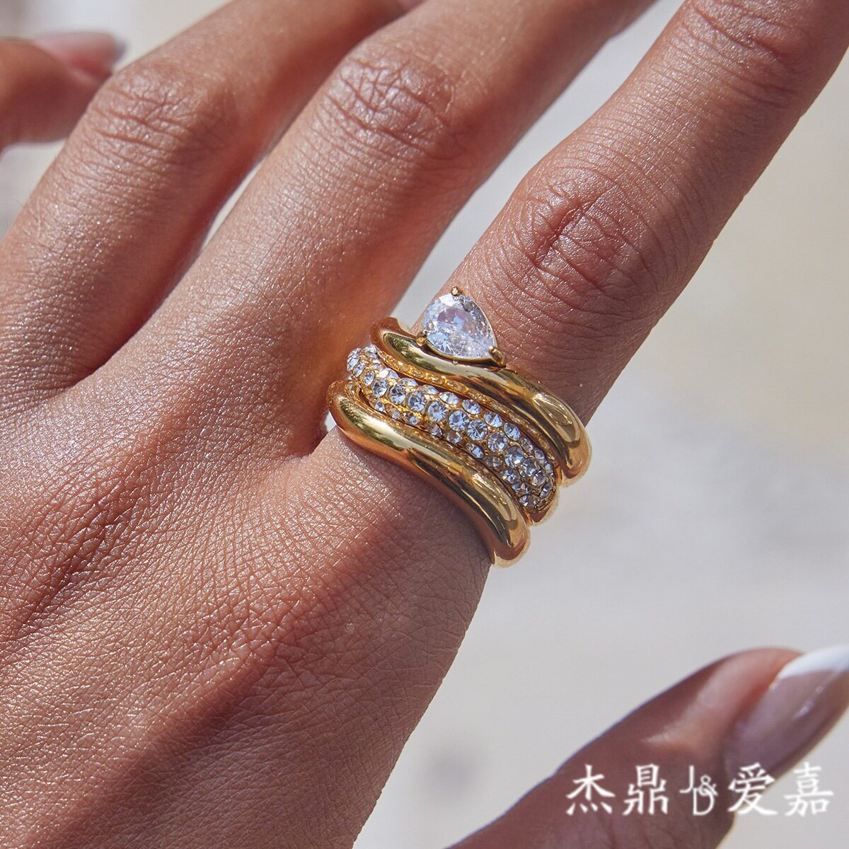杰鼎欧美锆石戒指钛钢不掉色首饰不锈钢rings跨境小方糖锆石戒指