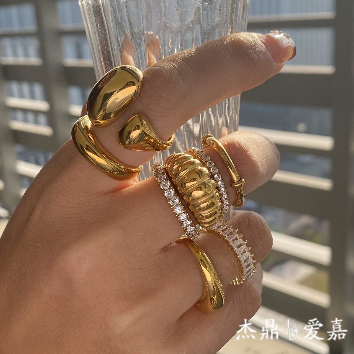 杰鼎欧美锆石钛钢戒指轻奢感手饰不易掉色rings跨境不锈钢饰品