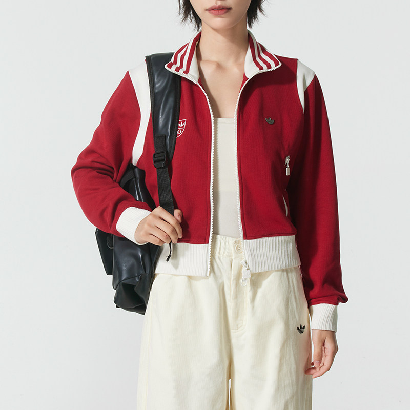 阿迪达斯三叶草外套女装红色新年款立领夹克短款休闲运动服KG8221