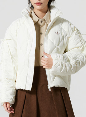 阿迪达斯adidas三叶草羽绒服女装蝴蝶结立领保暖面包服羽绒外套