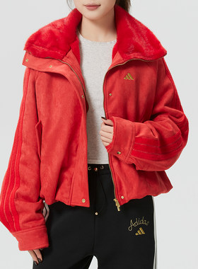 Adidas阿迪达斯女新款开春针织保暖加绒立领马年春节红色夹克外套