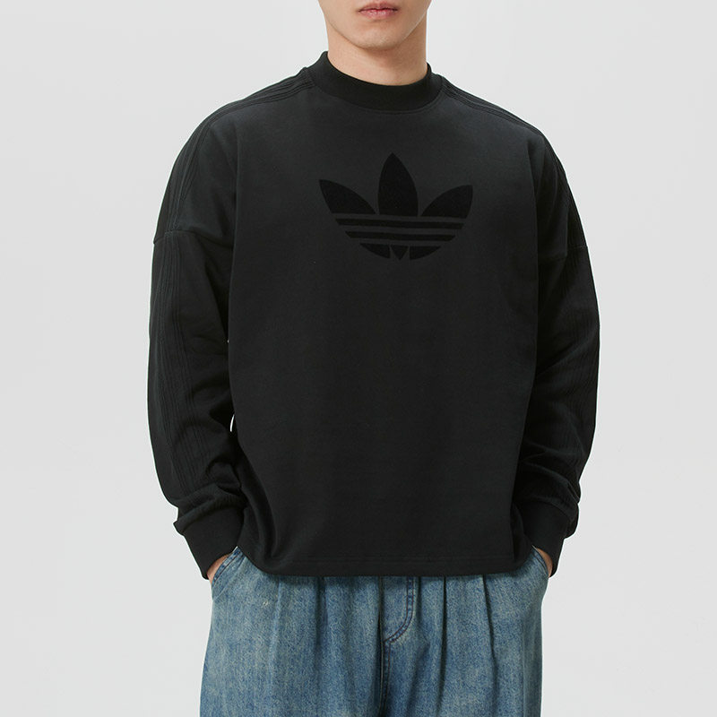 阿迪达斯三叶草长袖T恤男新款运动服黑色打底衫圆领纯薄款卫衣
