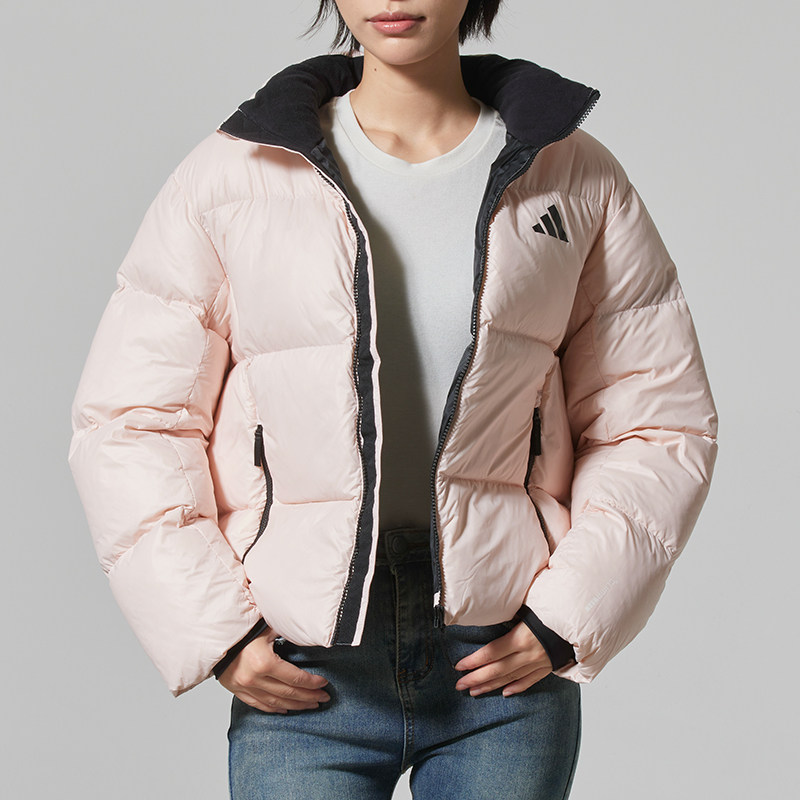 阿迪达斯羽绒服女装2025冬季新款运动休闲粉色立领羽绒外套KQ5507