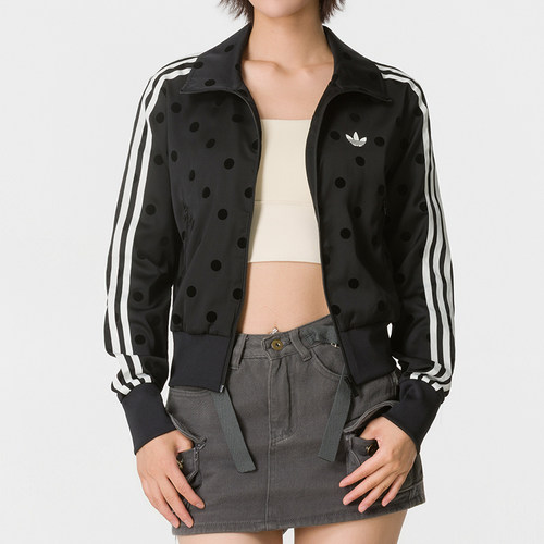 阿迪达斯三叶草女黑色波点针织夹克外套秋季新款立领运动服KV1166