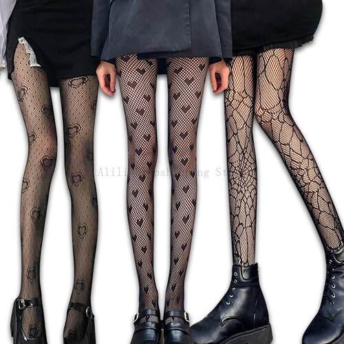 Gothic Lace Stockings Mesh Tights Y2k Women Black White Fish