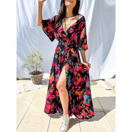 Boho Deep V-neck Floral Print Long Dress Casual Split Flare