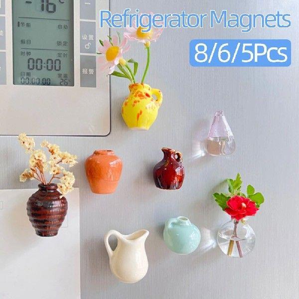 8/6/5Pcs Cute Refrigerator Magnets Ceramic Vase 3D Fridge