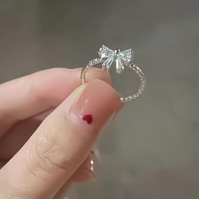 Bow ring women可爱蝴蝶结戒指开口可调节女生小众食指戒指环镶钻