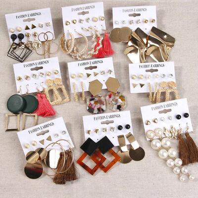 Women Earrings Set Pearl Crystal Stud Earrings夸张流苏潮耳环