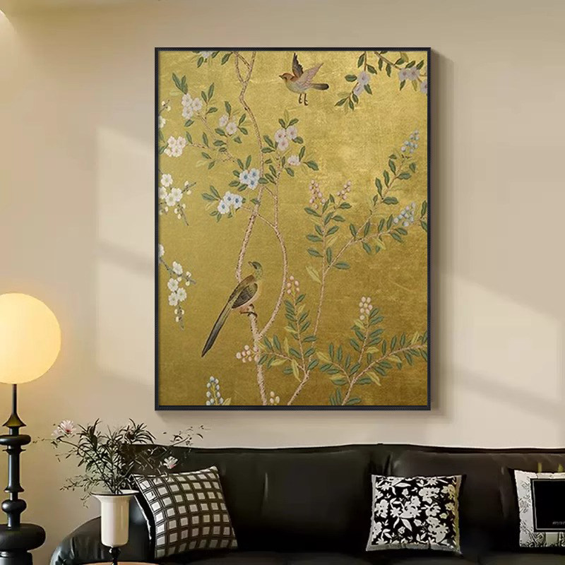 中古风喜上眉梢油画客厅装饰画花鸟图喜鹊金色入户门玄关挂画