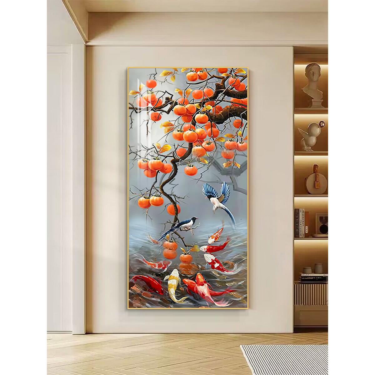 喜上眉梢入户玄关装饰画客厅走廊尽头墙壁画九鱼聚财竖版喜庆壁画