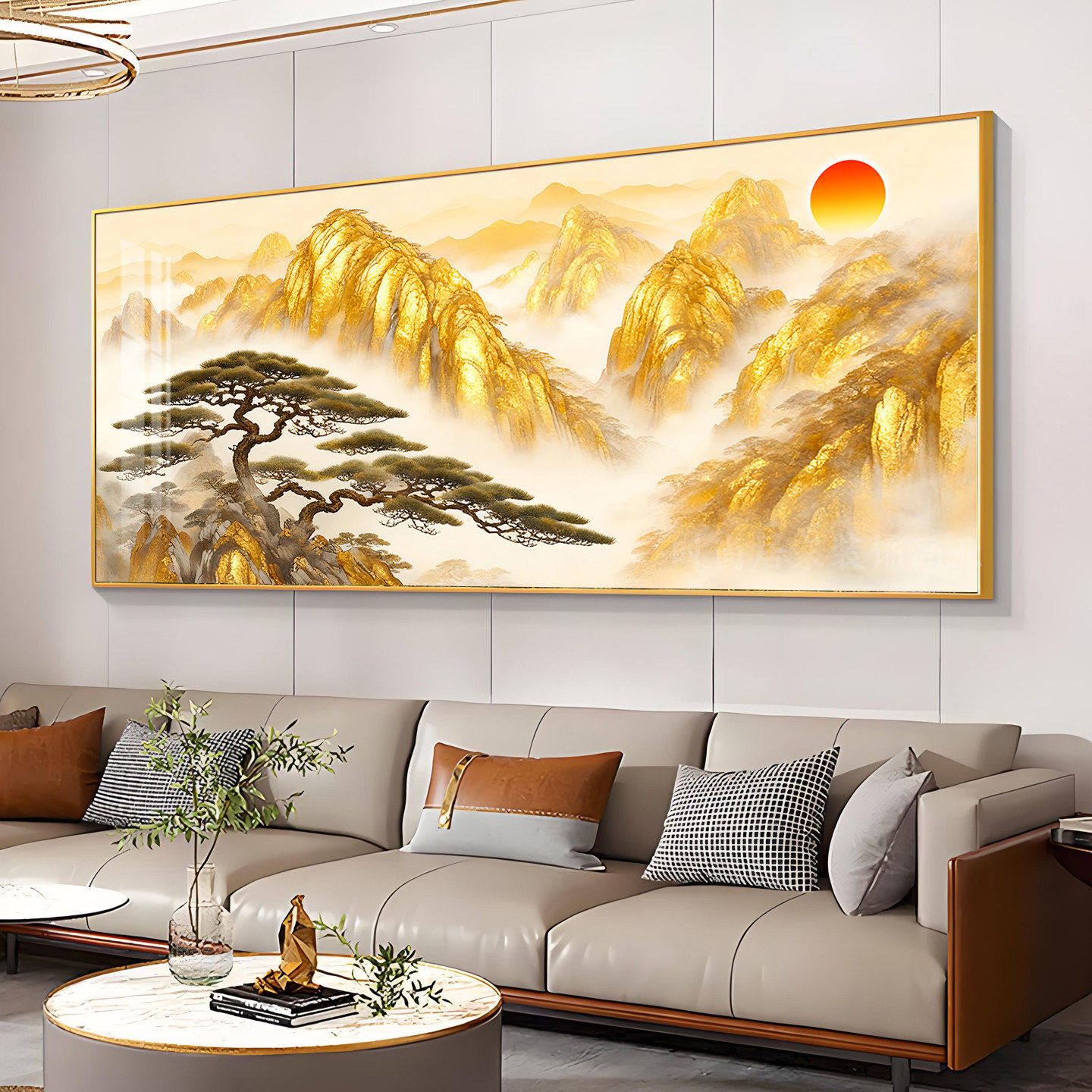 沙发山水画壁画新款办公室装饰画金山背景墙客厅轻奢2026日照大气