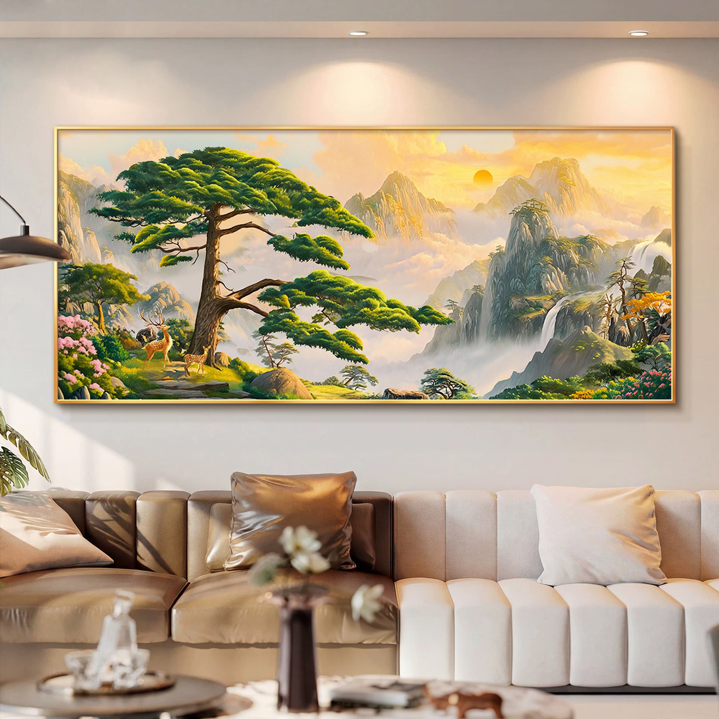 旭日迎客松客厅装饰画高档大气沙发背景墙挂画有山无水靠山风景画