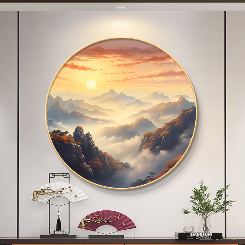 泰山日出圆形挂画客厅餐厅入户玄关装饰画旭日东升电视沙发背景墙