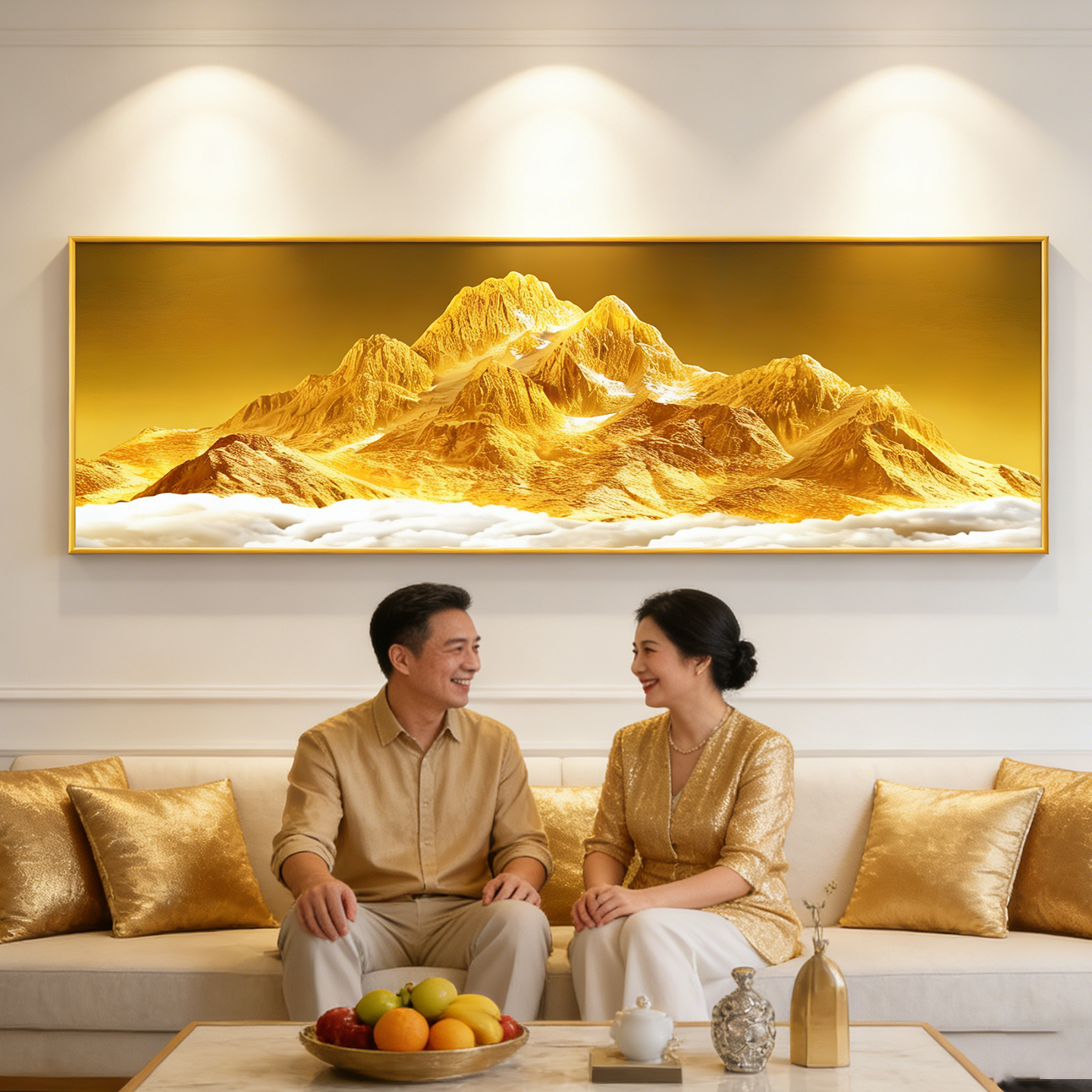 手绘轻奢日照金山客厅装饰沙发背景墙壁挂有山无水背有靠山图油画