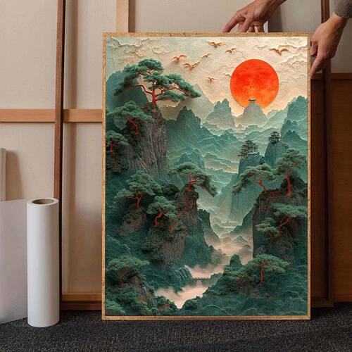 新中式山水装饰画国风画风景艺术壁画入门玄关挂画太阳悬挂家庭画