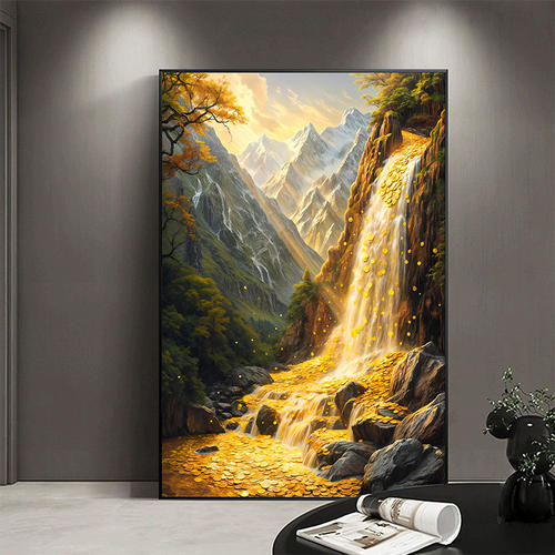 流水生财客厅落地画日照金山壁画走廊玄关装饰画西墙聚财山水挂画