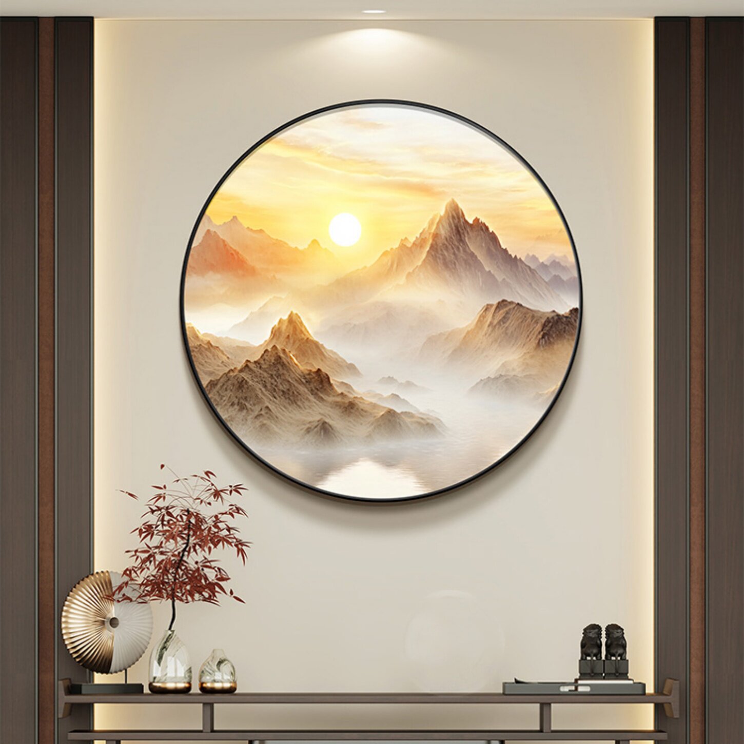 背有靠山玄关装饰画中式圆形客厅餐厅挂画有山无水入户正对门壁画