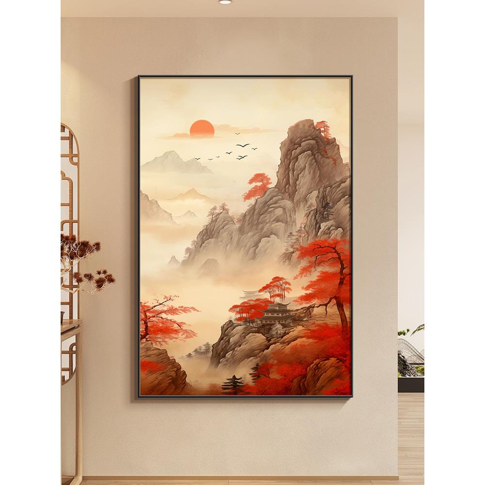 鸿运当头入户玄关装饰画新中式客厅沙发背景墙挂画走廊过道山水画