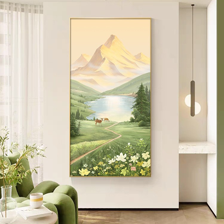 正对门入户进门玄关装饰画竖版挂画油画风高级感大气山水日照金山