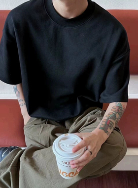 纯黑色高克重磅新疆长绒棉T恤男款加厚硬挺纯棉短袖美式情侣5半袖