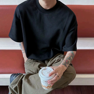 纯黑色高克重磅新疆长绒棉T恤男款加厚硬挺纯棉短袖美式情侣5半袖