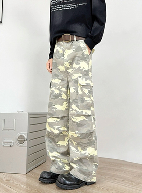 Tides 水洗做旧cleanfit浅色迷彩裤男女潮裤子宽松直筒阔腿工装裤