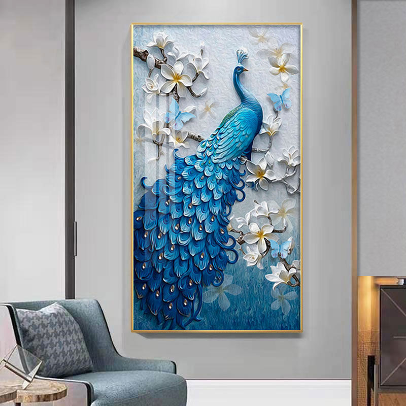 玄关孔雀挂画装饰画竖版九鱼图入户正对门走廊过道墙福禄金鹿壁画图片