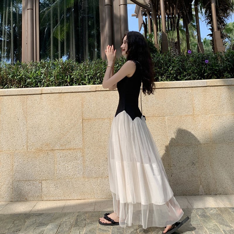 速发高级感撞色无袖连衣裙法季夏蓬气质礼服长裙网纱式蓬裙子仙